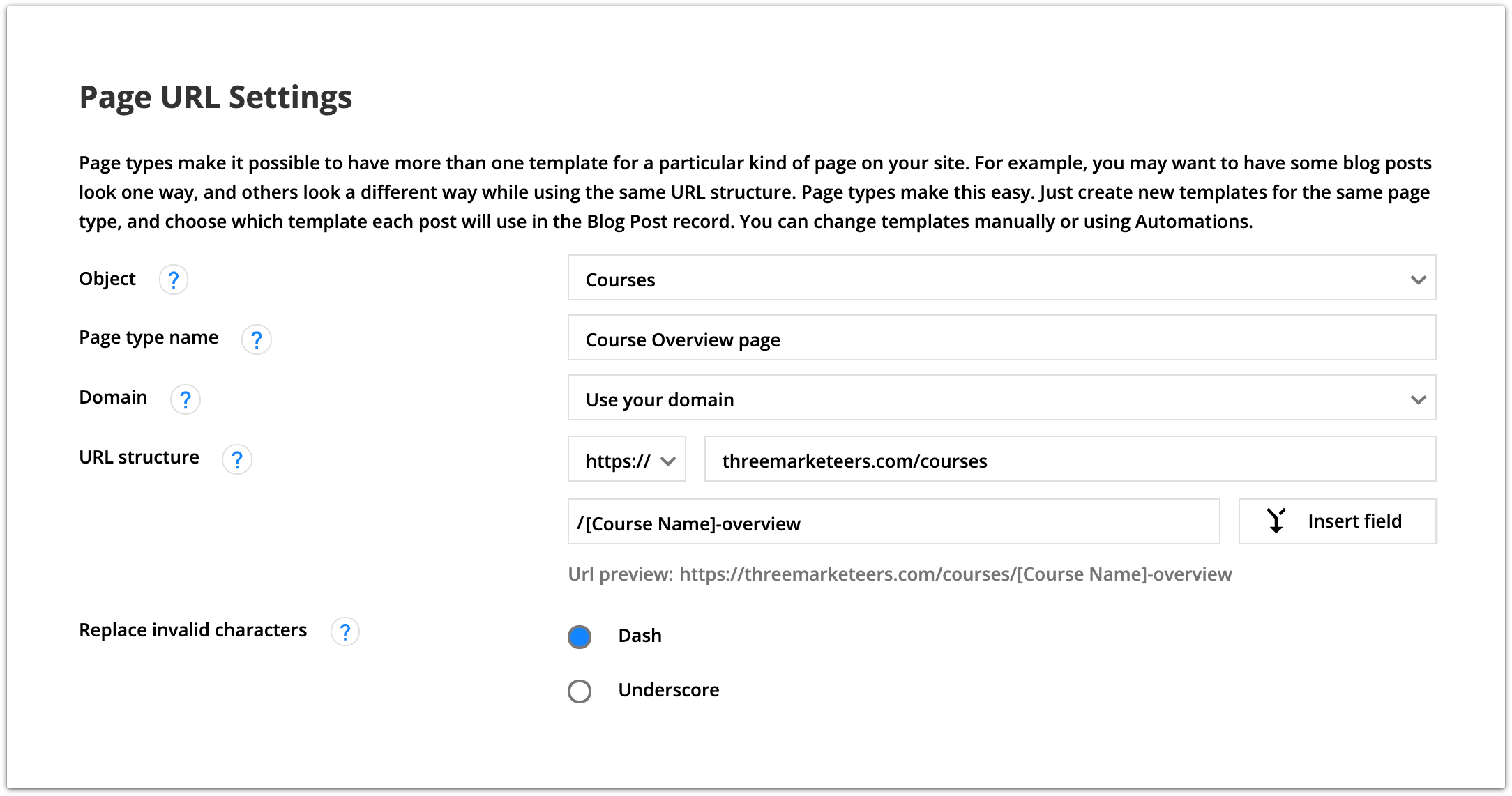 Page URL settings example