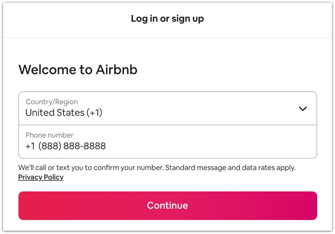 Airbnb login form example