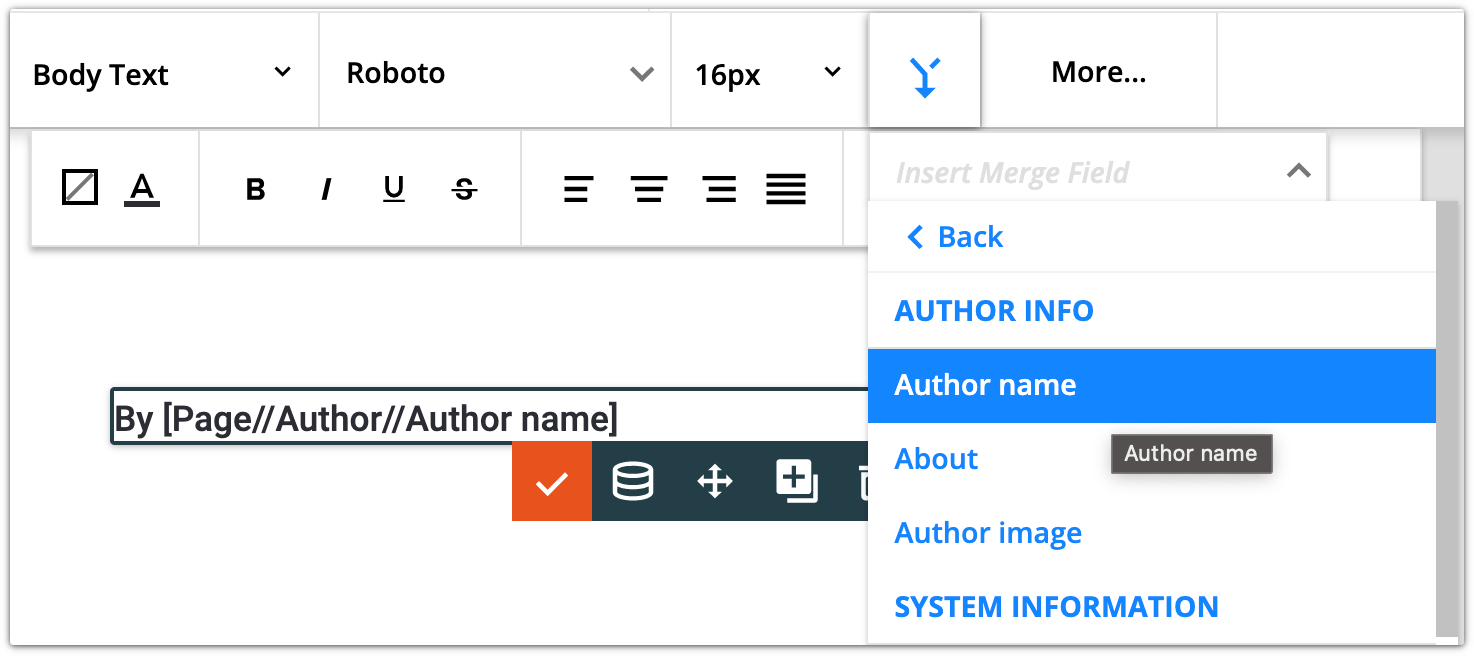The author's name merge field example