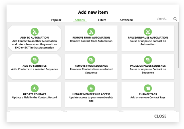 A screenshot of the action elements selection in Ontraport's Automation Builder feature