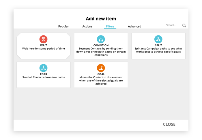 A screenshot of filter elements selection options in Ontraport's Automation Builder feature