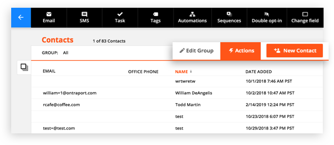 Screenshot showing the Collection Actions menu selections in the Ontraport app