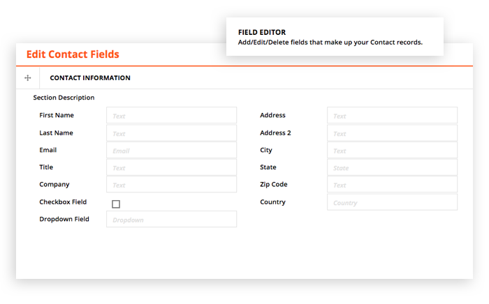 Screenshot showing the Field Editor feature, used to make custom fields in the Ontraport app