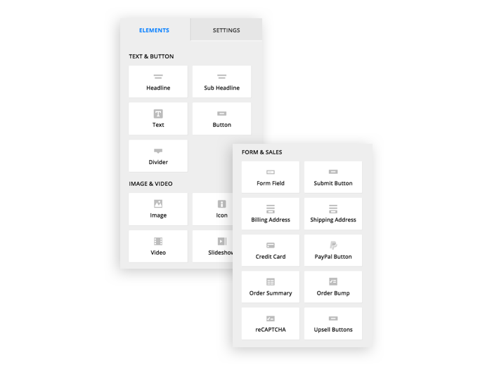 A screenshot of the different elements available for use in the Ontraport Pages editor