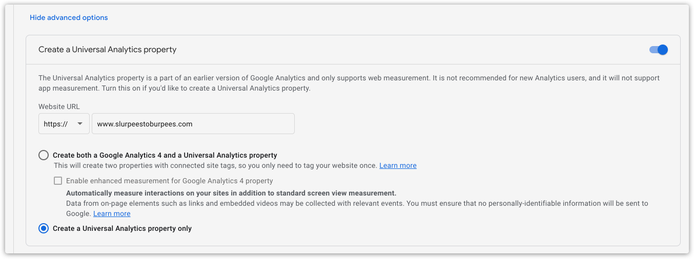 Create a Universal Analytics property only example