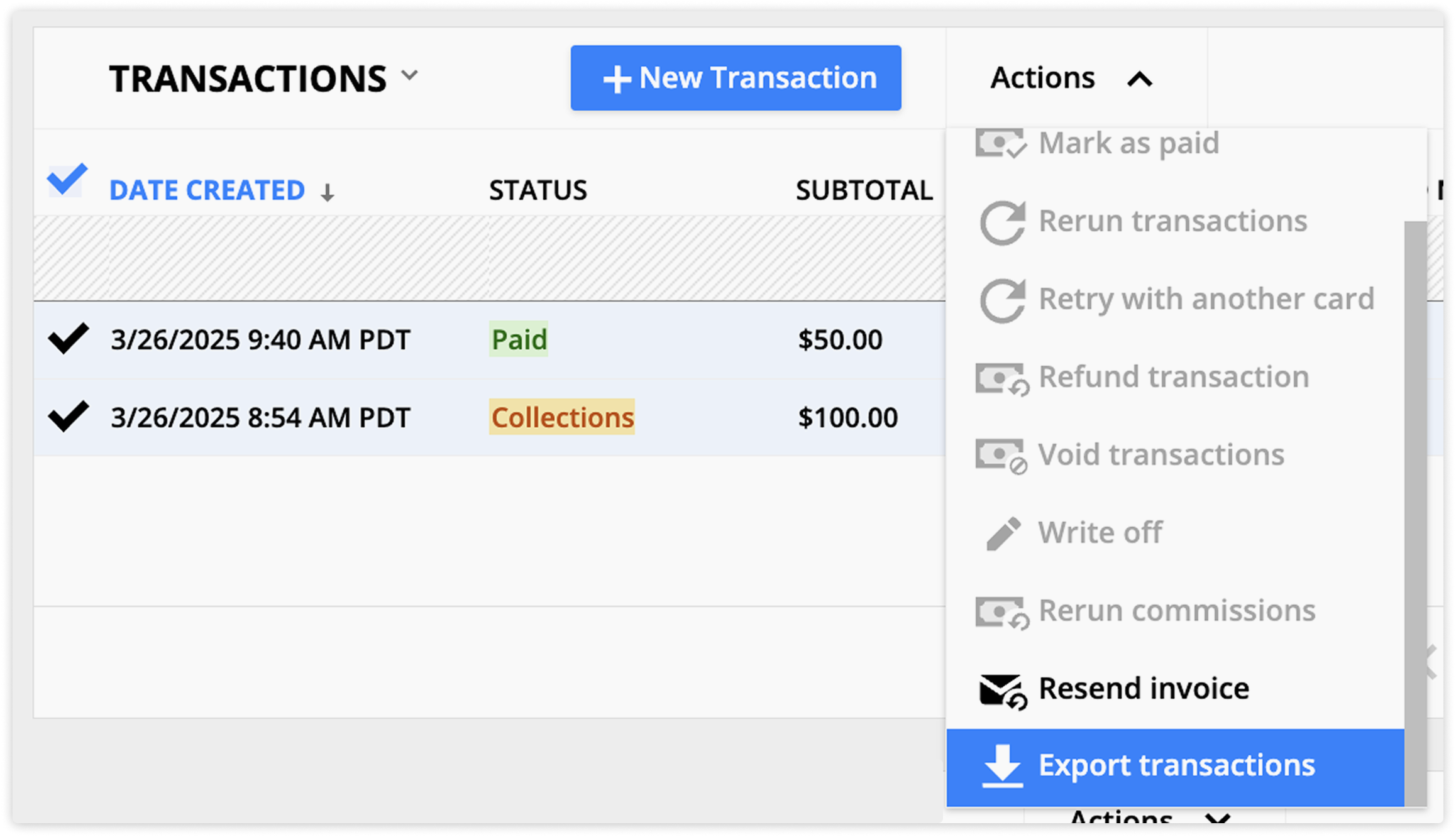 the export transaction action