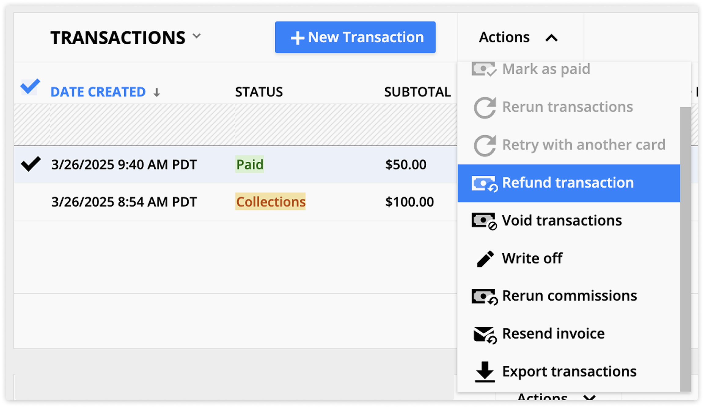 the refund transaction action