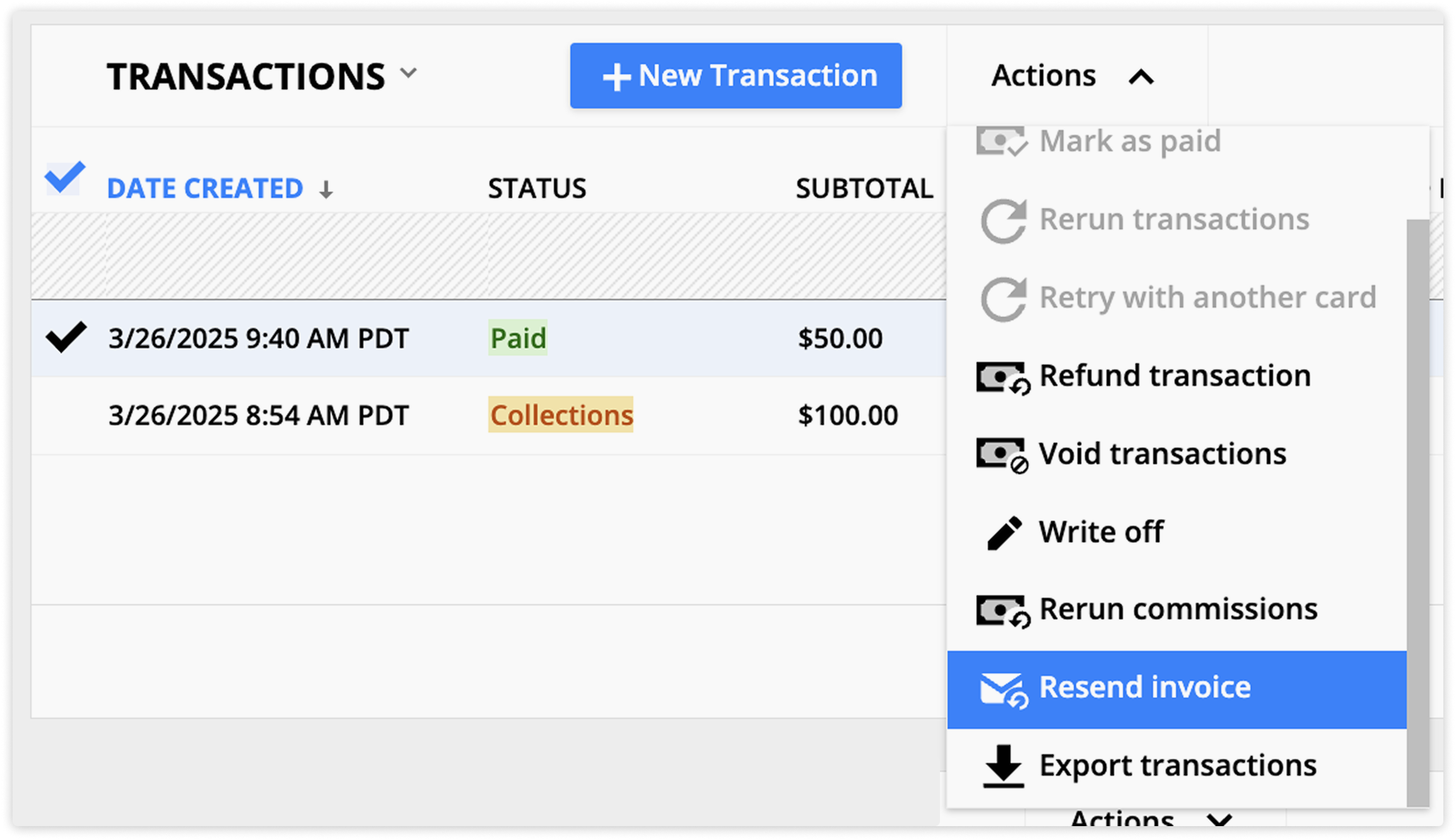 the resend invoice action